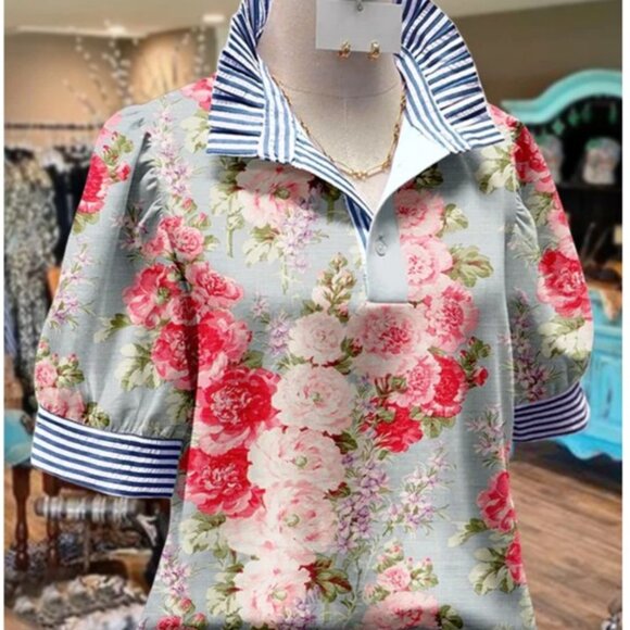 Tops - Blue, Pink & White Floral Bubble Sleeve Top Blouse (S) VERY CUTE!‎